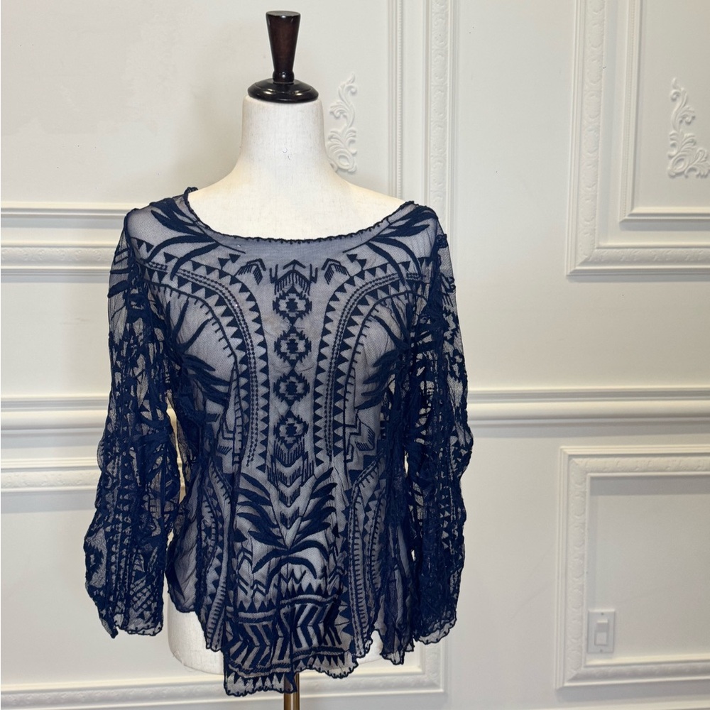 Xhilaration Navy Sheer Lace Blouse